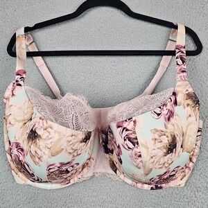 Cacique 42G Floral Lace Balconette Bra Pink Nude Lightly Lined Underwire